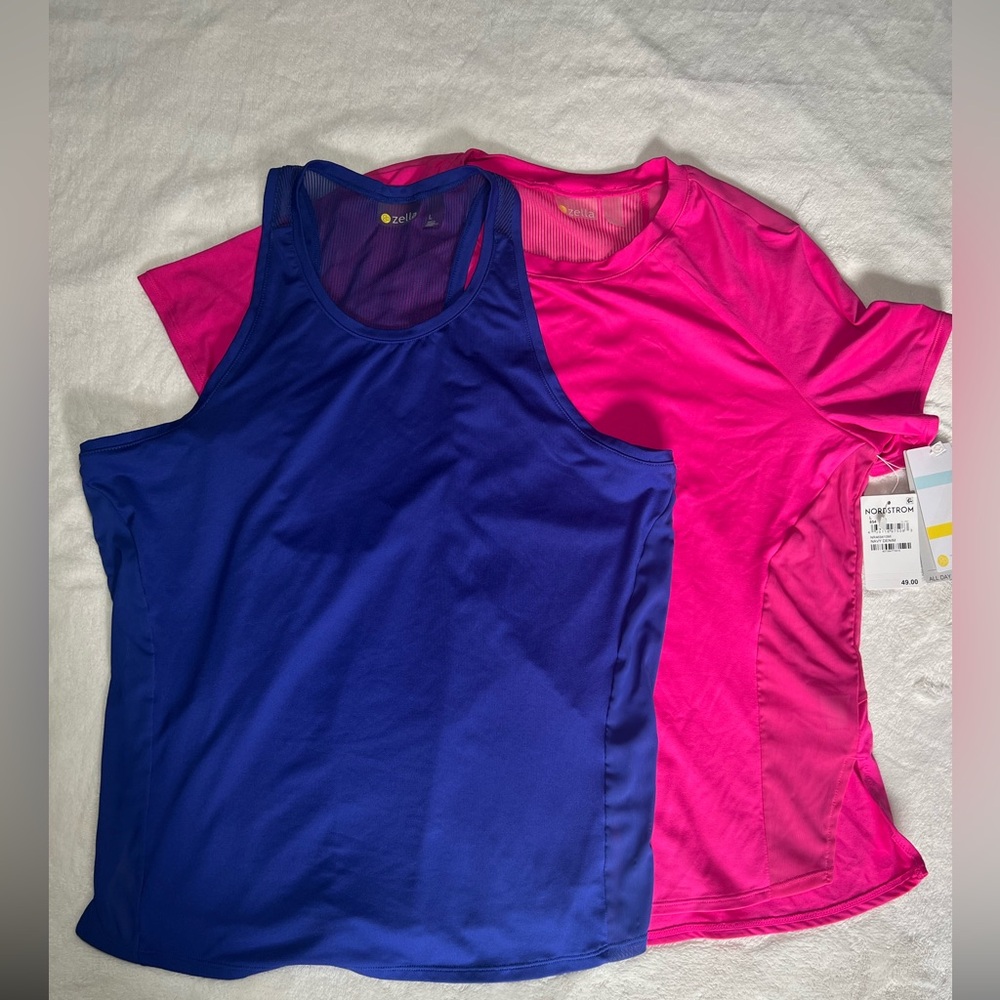 Zella Pink Athletic Shirt and Zella Blue Sleeveless mesh Tank Top SZ L